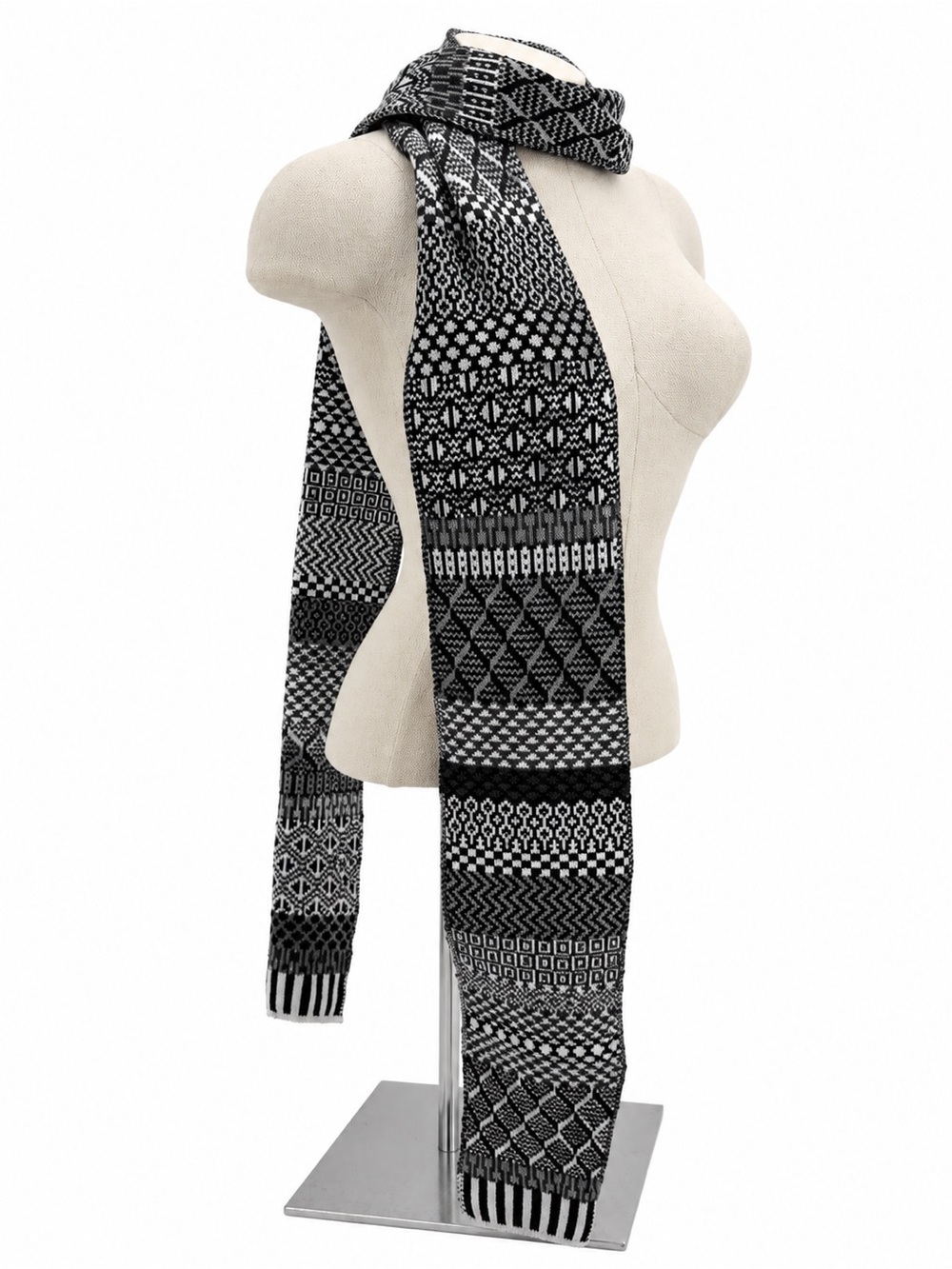 Unbranded Black Fair Isle Knit Scarf Mixed Geometric Pattern Long Winter Scarf